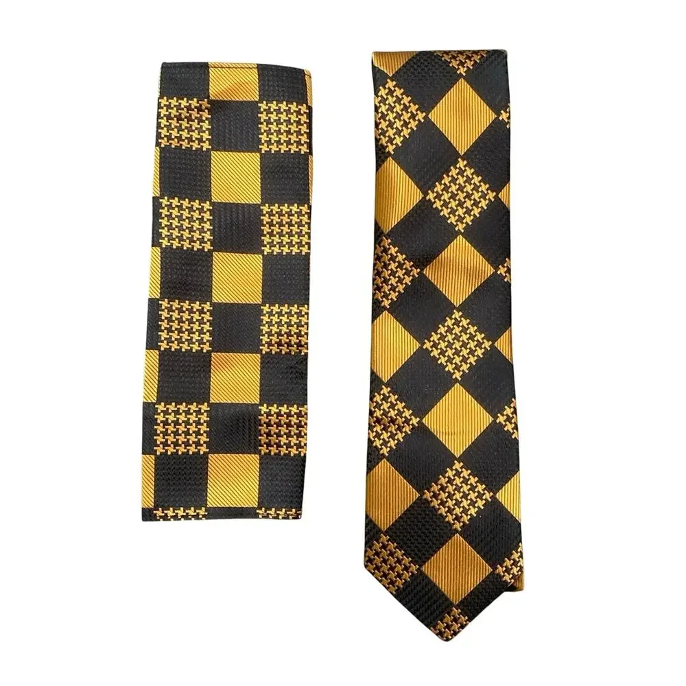 Checkered Necktie, Pocket Square and Cufflinks Set in Yellow/Black